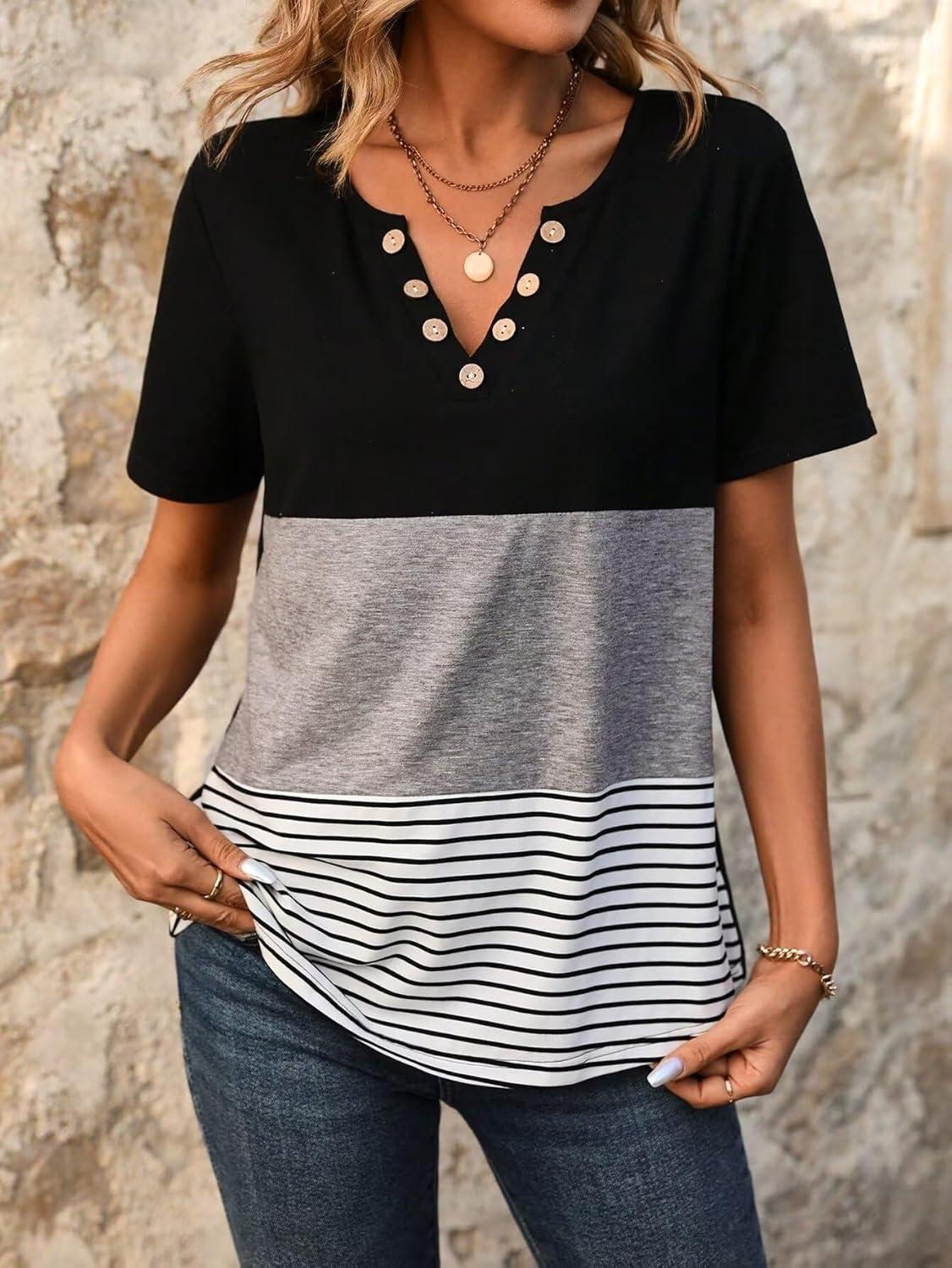 imageWomens Summer Tops V Neck Short Sleeves T Shirt Color Block Patchwork Stripe Tunic Top with Retro Button DecorationBlack  Grey