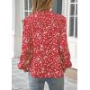 imageWomens Dressy Casual V Neck Smocked Long Sleeve Floral Print Chiffon Blouses Bohemian Business TopsRed