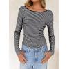 imageWomens Summer ShortLong Sleeve Tops Sexy Backless Striped Shirts Going Out TShirt Y2K Crop Blouse Boat Neck OutfitBlack