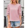 imageWomens Summer Tops Casual 34 Length Sleeve Crew Neck T Shirts HollowOut Splice Lace Tunic Tops Solid Color BlousePink