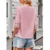 imageWomens Summer Tops Casual 34 Length Sleeve Crew Neck T Shirts HollowOut Splice Lace Tunic Tops Solid Color BlousePink