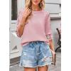 imageWomens Summer Tops Casual 34 Length Sleeve Crew Neck T Shirts HollowOut Splice Lace Tunic Tops Solid Color BlousePink