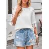 imageWomens Summer Tops Casual 34 Length Sleeve Crew Neck T Shirts HollowOut Splice Lace Tunic Tops Solid Color BlouseWhite