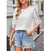 imageWomens Summer Tops Casual 34 Length Sleeve Crew Neck T Shirts HollowOut Splice Lace Tunic Tops Solid Color BlouseWhite