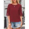 imageWomens Summer Tops Casual 34 Length Sleeve Crew Neck T Shirts HollowOut Splice Lace Tunic Tops Solid Color BlouseWine Red
