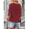 imageWomens Summer Tops Casual 34 Length Sleeve Crew Neck T Shirts HollowOut Splice Lace Tunic Tops Solid Color BlouseWine Red