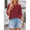 imageWomens Summer Tops Casual 34 Length Sleeve Crew Neck T Shirts HollowOut Splice Lace Tunic Tops Solid Color BlouseWine Red