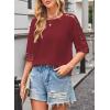 imageWomens Summer Tops Casual 34 Length Sleeve Crew Neck T Shirts HollowOut Splice Lace Tunic Tops Solid Color BlouseWine Red