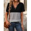 imageWomens Summer Tops V Neck Short Sleeves T Shirt Color Block Patchwork Stripe Tunic Top with Retro Button DecorationBlack  Grey