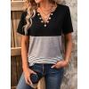 imageWomens Summer Tops V Neck Short Sleeves T Shirt Color Block Patchwork Stripe Tunic Top with Retro Button DecorationBlack  Grey