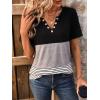 imageWomens Summer Tops V Neck Short Sleeves T Shirt Color Block Patchwork Stripe Tunic Top with Retro Button DecorationBlack  Grey