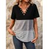 imageWomens Summer Tops V Neck Short Sleeves T Shirt Color Block Patchwork Stripe Tunic Top with Retro Button DecorationBlack  Grey