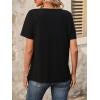 imageWomens Summer Tops V Neck Short Sleeves T Shirt Color Block Patchwork Stripe Tunic Top with Retro Button DecorationBlack  Grey