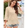 imageWomens Tops 34 Length Sleeve Eyelet Blouse Peasant Flowy Boho Top Hollow Out Embroidered Notch V Neck ShirtsApricot