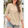 imageWomens Tops 34 Length Sleeve Eyelet Blouse Peasant Flowy Boho Top Hollow Out Embroidered Notch V Neck ShirtsApricot
