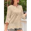 imageWomens Tops 34 Length Sleeve Eyelet Blouse Peasant Flowy Boho Top Hollow Out Embroidered Notch V Neck ShirtsApricot