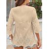imageWomens Tops 34 Length Sleeve Eyelet Blouse Peasant Flowy Boho Top Hollow Out Embroidered Notch V Neck ShirtsApricot