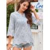 imageWomens Tops 34 Length Sleeve Eyelet Blouse Peasant Flowy Boho Top Hollow Out Embroidered Notch V Neck ShirtsBlue