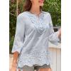 imageWomens Tops 34 Length Sleeve Eyelet Blouse Peasant Flowy Boho Top Hollow Out Embroidered Notch V Neck ShirtsBlue