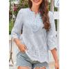 imageWomens Tops 34 Length Sleeve Eyelet Blouse Peasant Flowy Boho Top Hollow Out Embroidered Notch V Neck ShirtsBlue