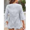 imageWomens Tops 34 Length Sleeve Eyelet Blouse Peasant Flowy Boho Top Hollow Out Embroidered Notch V Neck ShirtsBlue