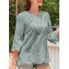 imageWomens Tops 34 Length Sleeve Eyelet Blouse Peasant Flowy Boho Top Hollow Out Embroidered Notch V Neck ShirtsGreen