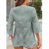 imageWomens Tops 34 Length Sleeve Eyelet Blouse Peasant Flowy Boho Top Hollow Out Embroidered Notch V Neck ShirtsGreen