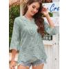 imageWomens Tops 34 Length Sleeve Eyelet Blouse Peasant Flowy Boho Top Hollow Out Embroidered Notch V Neck ShirtsGreen