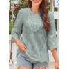 imageWomens Tops 34 Length Sleeve Eyelet Blouse Peasant Flowy Boho Top Hollow Out Embroidered Notch V Neck ShirtsGreen