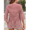 imageWomens Tops 34 Length Sleeve Eyelet Blouse Peasant Flowy Boho Top Hollow Out Embroidered Notch V Neck ShirtsPink