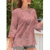 imageWomens Tops 34 Length Sleeve Eyelet Blouse Peasant Flowy Boho Top Hollow Out Embroidered Notch V Neck ShirtsPink