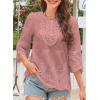 imageWomens Tops 34 Length Sleeve Eyelet Blouse Peasant Flowy Boho Top Hollow Out Embroidered Notch V Neck ShirtsPink
