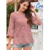 imageWomens Tops 34 Length Sleeve Eyelet Blouse Peasant Flowy Boho Top Hollow Out Embroidered Notch V Neck ShirtsPink