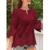imageWomens Tops 34 Length Sleeve Eyelet Blouse Peasant Flowy Boho Top Hollow Out Embroidered Notch V Neck ShirtsRed