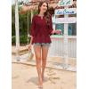 imageWomens Tops 34 Length Sleeve Eyelet Blouse Peasant Flowy Boho Top Hollow Out Embroidered Notch V Neck ShirtsRed
