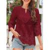 imageWomens Tops 34 Length Sleeve Eyelet Blouse Peasant Flowy Boho Top Hollow Out Embroidered Notch V Neck ShirtsRed