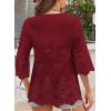 imageWomens Tops 34 Length Sleeve Eyelet Blouse Peasant Flowy Boho Top Hollow Out Embroidered Notch V Neck ShirtsRed