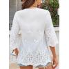 imageWomens Tops 34 Length Sleeve Eyelet Blouse Peasant Flowy Boho Top Hollow Out Embroidered Notch V Neck ShirtsWhite