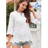 imageWomens Tops 34 Length Sleeve Eyelet Blouse Peasant Flowy Boho Top Hollow Out Embroidered Notch V Neck ShirtsWhite