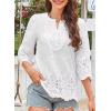 imageWomens Tops 34 Length Sleeve Eyelet Blouse Peasant Flowy Boho Top Hollow Out Embroidered Notch V Neck ShirtsWhite