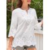 imageWomens Tops 34 Length Sleeve Eyelet Blouse Peasant Flowy Boho Top Hollow Out Embroidered Notch V Neck ShirtsWhite