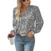 imageWomens Dressy Casual V Neck Smocked Long Sleeve Floral Print Chiffon Blouses Bohemian Business TopsGrey