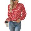 imageWomens Dressy Casual V Neck Smocked Long Sleeve Floral Print Chiffon Blouses Bohemian Business TopsRed