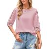 imageWomens Summer Tops Casual 34 Length Sleeve Crew Neck T Shirts HollowOut Splice Lace Tunic Tops Solid Color BlousePink