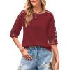 imageWomens Summer Tops Casual 34 Length Sleeve Crew Neck T Shirts HollowOut Splice Lace Tunic Tops Solid Color BlouseWine Red