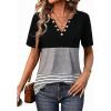 imageWomens Summer Tops V Neck Short Sleeves T Shirt Color Block Patchwork Stripe Tunic Top with Retro Button DecorationBlack  Grey