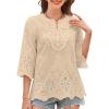 imageWomens Tops 34 Length Sleeve Eyelet Blouse Peasant Flowy Boho Top Hollow Out Embroidered Notch V Neck ShirtsApricot