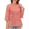 imageWomens Tops 34 Length Sleeve Eyelet Blouse Peasant Flowy Boho Top Hollow Out Embroidered Notch V Neck ShirtsCoral
