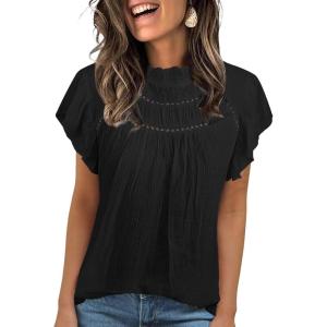 imageBlouses for Women Summer Tops 2025 Trendy Ruffle Sleeves Mock Neck T Shirts Pleated Front Loose Fit Work BlouseBlack