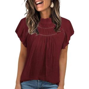 imageBlouses for Women Summer Tops 2025 Trendy Ruffle Sleeves Mock Neck T Shirts Pleated Front Loose Fit Work BlouseBurgundy
